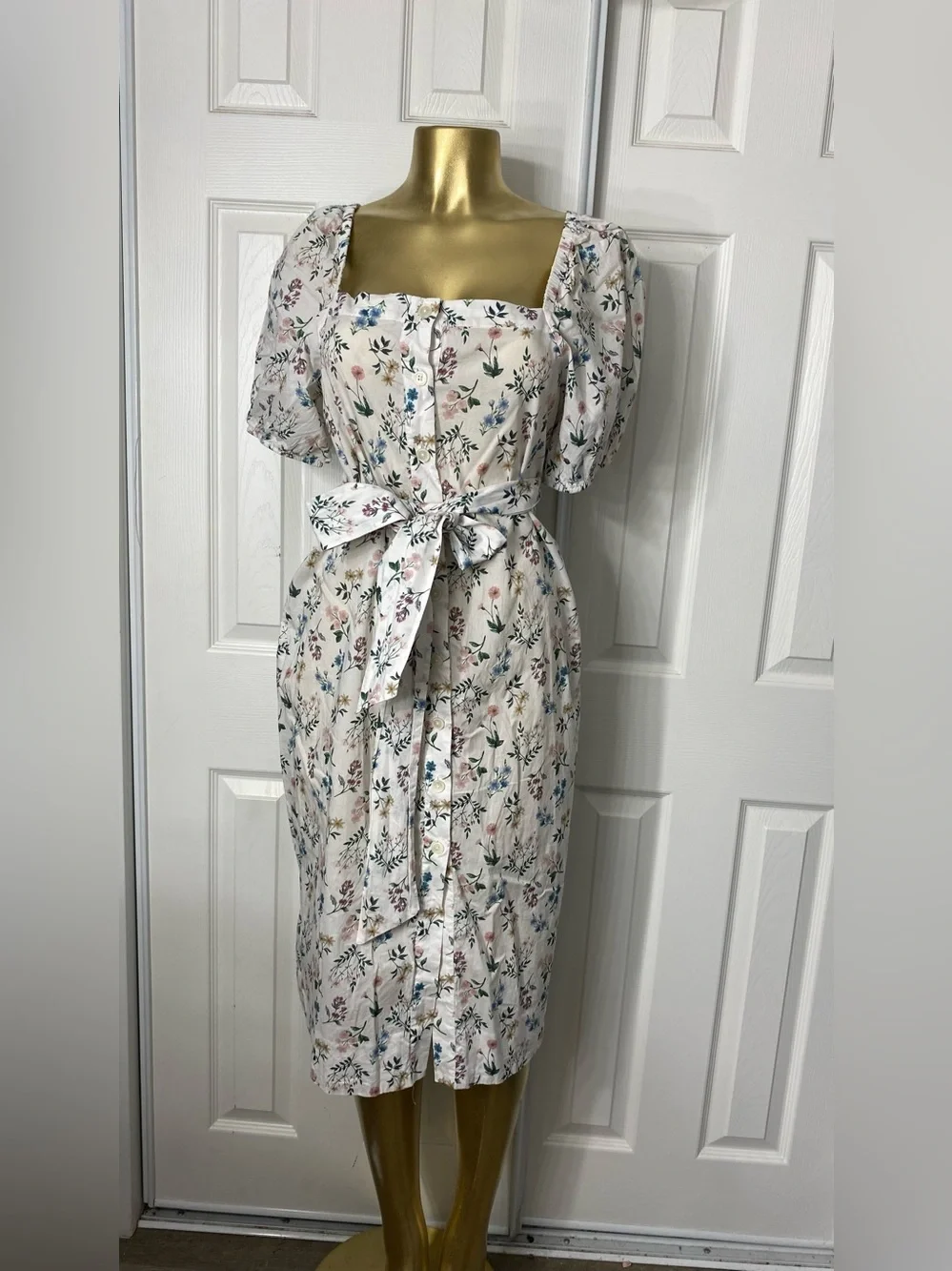 J. Crew Cream Floral Puff-Sleeve Belted Midi Dress